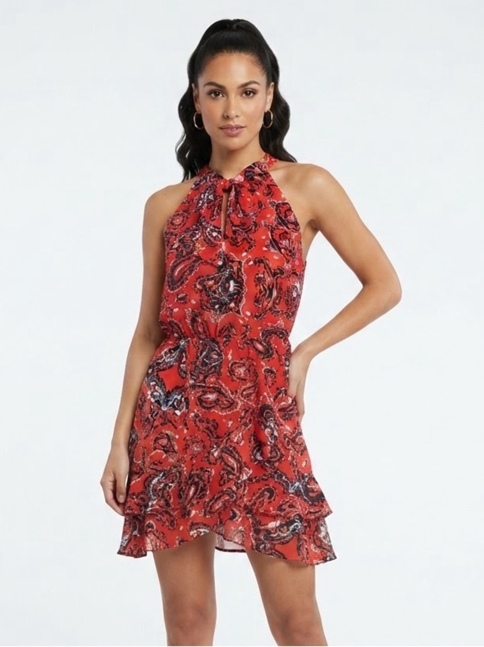 Parker Red Blue Paisley Halter Neck Ruffle Mini Dress Size Small